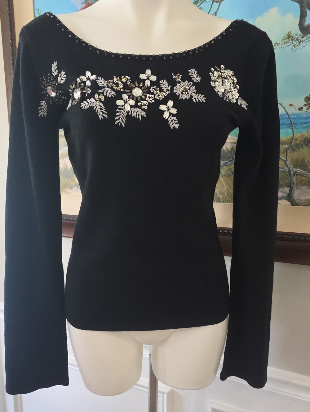 Moda International Black Crewneck Sweater with Silver Floral Embellishments
